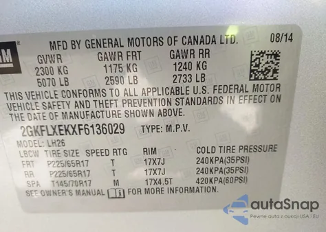 2015 GMC Terrain Slt-1 from USA, damaged, VIN 2GKFLXEKXF6136029